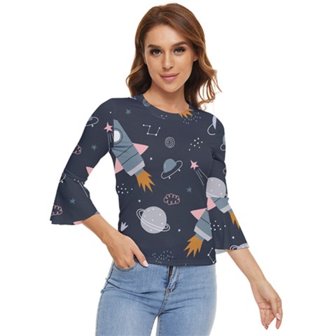 Space Background Illustration With Stars And Rocket Seamless Vector Pattern Bell Sleeve Top by Salman4z