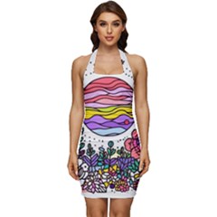 Rainbow Fun Cute Minimal Doodle Drawing Sleeveless Wide Square Neckline Ruched Bodycon Dress by Jancukart