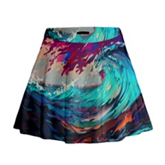 Tsunami Waves Ocean Sea Nautical Nature Water Painting Mini Flare Skirt by Jancukart