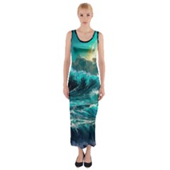 Tsunami Waves Ocean Sea Nautical Nature Water 5 Fitted Maxi Dress by Jancukart