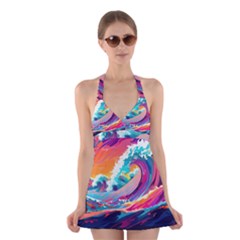 Tsunami Waves Ocean Sea Nautical Nature Water 2 Halter Dress Swimsuit  by Jancukart