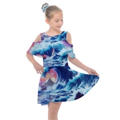 Storm Tsunami Waves Ocean Sea Nautical Nature Kids  Shoulder Cutout Chiffon Dress by Jancukart