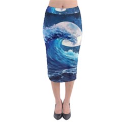 Tsunami Waves Ocean Sea Nautical Nature Water Moon Midi Pencil Skirt by Jancukart