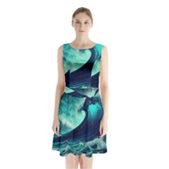 Waves Ocean Sea Tsunami Nautical Sleeveless Waist Tie Chiffon Dress by Jancukart