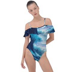 Tsunami Waves Ocean Sea Nautical Nature Water 4 Frill Detail One Piece Swimsuit by Jancukart