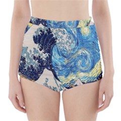 The Great Wave Of Kanagawa Painting Starry Night Van Gogh High-waisted Bikini Bottoms by Sudheng