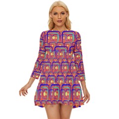 Pink Yellow Neon Squares - Modern Abstract Long Sleeve Babydoll Dress