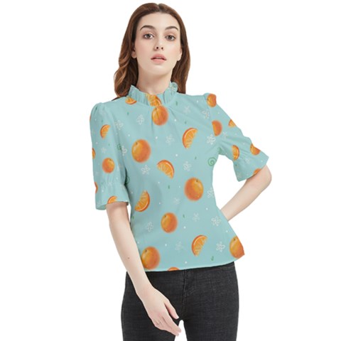Oranges Pattern Frill Neck Blouse by SychEva