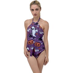 Pumpkin Ghost Witch Hat Halloween Sketch Holiday Go With The Flow One Piece Swimsuit by Ravend