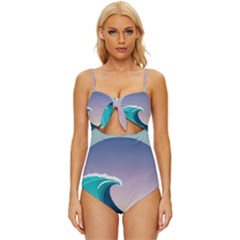 Tsunami Tidal Waves Wave Minimalist Ocean Sea Knot Front One-piece Swimsuit by Ravend