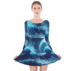 Moonlight High Tide Storm Tsunami Waves Ocean Sea Long Sleeve Velvet Skater Dress by Ravend
