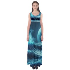 Moonlight High Tide Storm Tsunami Waves Ocean Sea Empire Waist Maxi Dress by Ravend