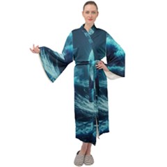 Moonlight High Tide Storm Tsunami Waves Ocean Sea Maxi Velvet Kimono by Ravend