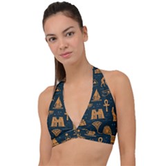 Dark-seamless-pattern-symbols-landmarks-signs-egypt Halter Plunge Bikini Top