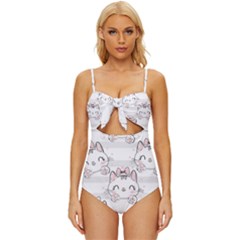 Cat-with-bow-pattern Knot Front One-piece Swimsuit by Salman4z