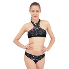 Embroidery-trend-floral-pattern-small-branches-herb-rose High Neck Bikini Set by Salman4z
