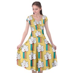 Smile-cloud-rainbow-pattern-yellow Cap Sleeve Wrap Front Dress
