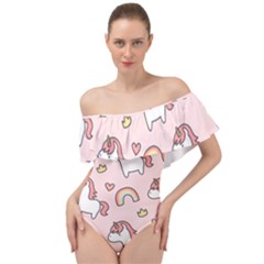 Cute-unicorn-rainbow-seamless-pattern-background Off Shoulder Velour Bodysuit  by Salman4z