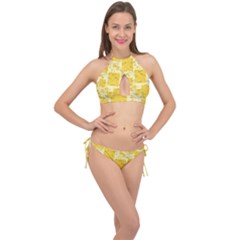 Party Confetti Yellow Squares Cross Front Halter Bikini Set by pakminggu