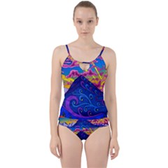 Psychedelic Colorful Lines Nature Mountain Trees Snowy Peak Moon Sun Rays Hill Road Artwork Stars Cut Out Top Tankini Set by pakminggu