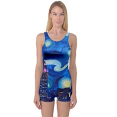 Starry Night In New York Van Gogh Manhattan Chrysler Building And Empire State Building One Piece Boyleg Swimsuit by Mog4mog4