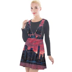 Skyline Sunset United States Reflection Usa,new York Manhattan Plunge Pinafore Velour Dress by Bakwanart