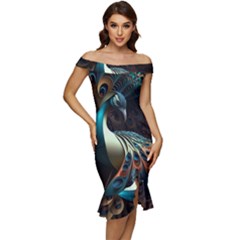 Peacock Bird Feathers Plumage Colorful Texture Abstract Off Shoulder Ruffle Split Hem Bodycon Dress