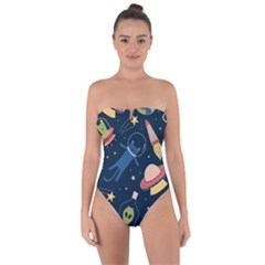 Seamless-pattern-with-funny-aliens-cat-galaxy Tie Back One Piece Swimsuit by Wav3s