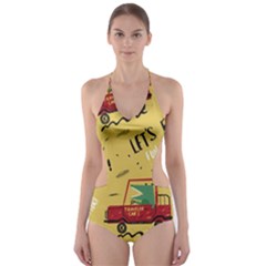 Childish-seamless-pattern-with-dino-driver Cut-out One Piece Swimsuit by Vaneshart