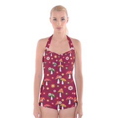 Woodland Mushroom And Daisy Seamless Pattern On Red Background Boyleg Halter Swimsuit  by Wav3s