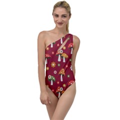 Woodland Mushroom And Daisy Seamless Pattern On Red Background To One Side Swimsuit by Wav3s