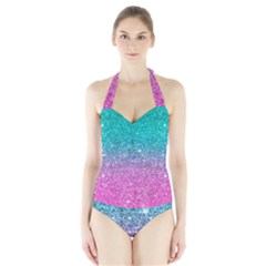 Pink And Turquoise Glitter Halter Swimsuit by Wav3s
