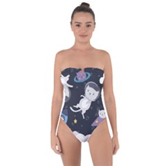 Space Cat Illustration Pattern Astronaut Tie Back One Piece Swimsuit by Wav3s