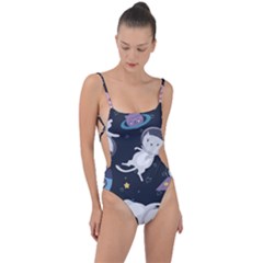 Space Cat Illustration Pattern Astronaut Tie Strap One Piece Swimsuit by Wav3s
