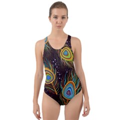 Pattern Feather Peacock Cut-out Back One Piece Swimsuit by Wav3s