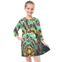 Monkey Tiger Bird Parrot Forest Jungle Style Kids  Quarter Sleeve Shirt Dress by Grandong
