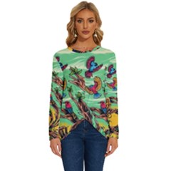 Monkey Tiger Bird Parrot Forest Jungle Style Long Sleeve Crew Neck Pullover Top by Grandong