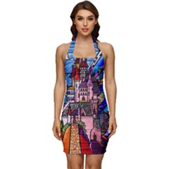 Beauty Stained Glass Castle Building Sleeveless Wide Square Neckline Ruched Bodycon Dress by Cowasu