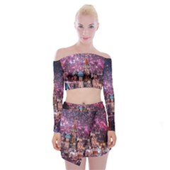 Moscow Kremlin Saint Basils Cathedral Architecture  Building Cityscape Night Fireworks Off Shoulder Top With Mini Skirt Set by Cowasu
