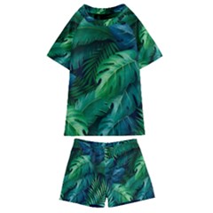 Tropical Green Leaves Background Kids  Swim Tee And Shorts Set by Amaryn4rt