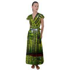 Green Forest Jungle Trees Nature Sunny Flutter Sleeve Maxi Dress by Ravend