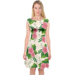 Cute-pink-flowers-with-leaves-pattern Capsleeve Midi Dress
