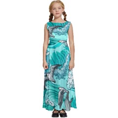 Sea-waves-seamless-pattern Kids  Satin Sleeveless Maxi Dress by uniart180623