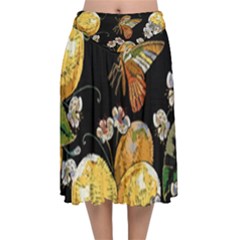Embroidery-blossoming-lemons-butterfly-seamless-pattern Velvet Flared Midi Skirt by uniart180623