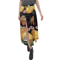 Embroidery-blossoming-lemons-butterfly-seamless-pattern Velour Split Maxi Skirt by uniart180623