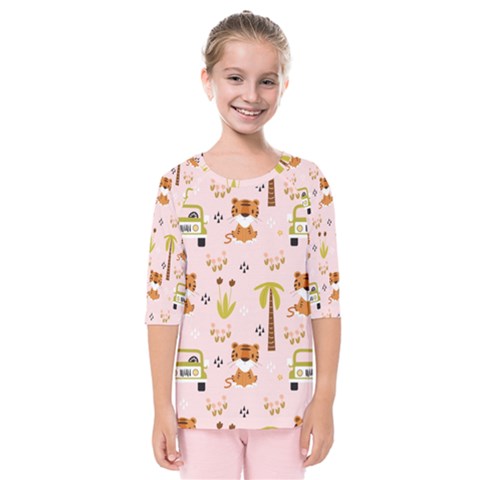 Cute-tiger-car-safari-seamless-pattern Kids  Quarter Sleeve Raglan Tee by uniart180623