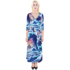 Storm Tsunami Waves Ocean Sea Nautical Nature Quarter Sleeve Wrap Maxi Dress by uniart180623