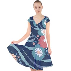 Waves Flowers Pattern Water Floral Minimalist Cap Sleeve Front Wrap Midi Dress by uniart180623