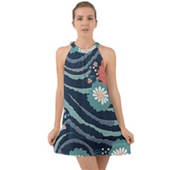 Waves Flowers Pattern Water Floral Minimalist Halter Tie Back Chiffon Dress by uniart180623