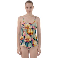 Prickly Pear Cactus Flower Plant Twist Front Tankini Set by Ravend